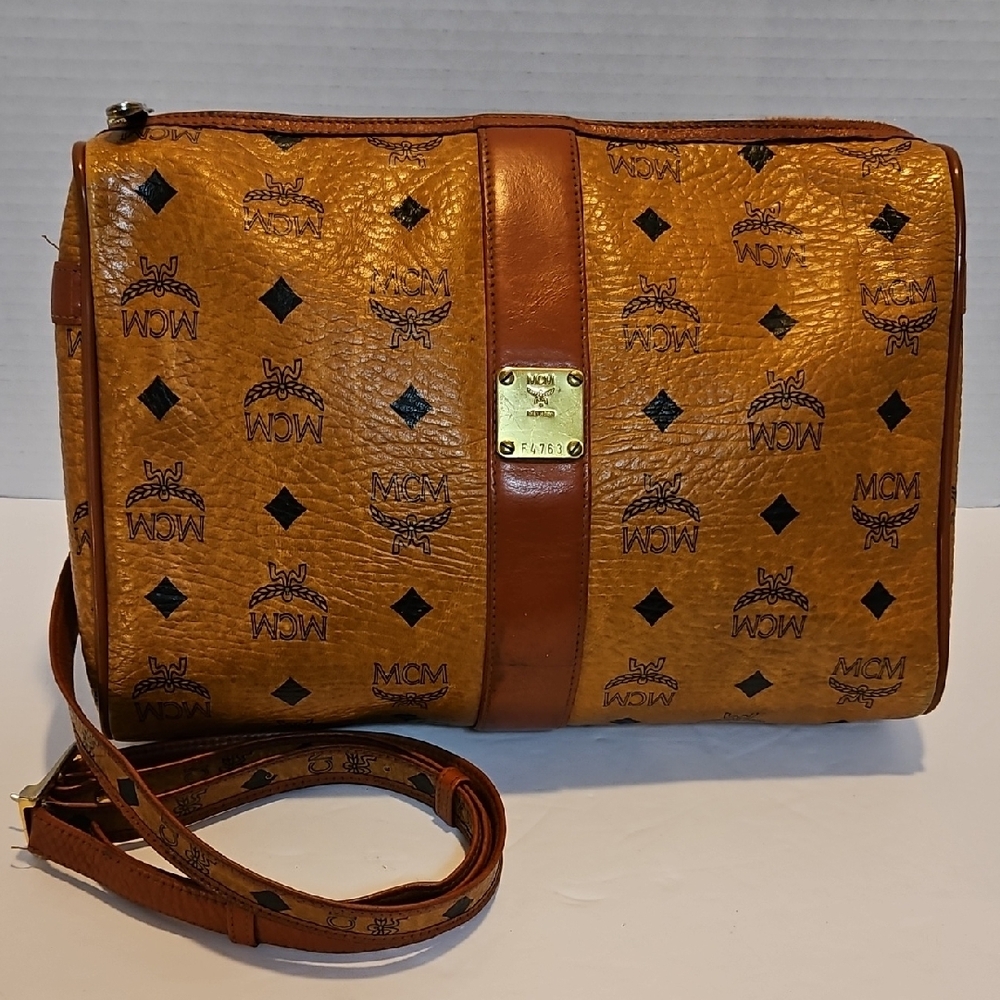 MCM Brown Messenger Bag with Signature Monogram and Gold Hardware